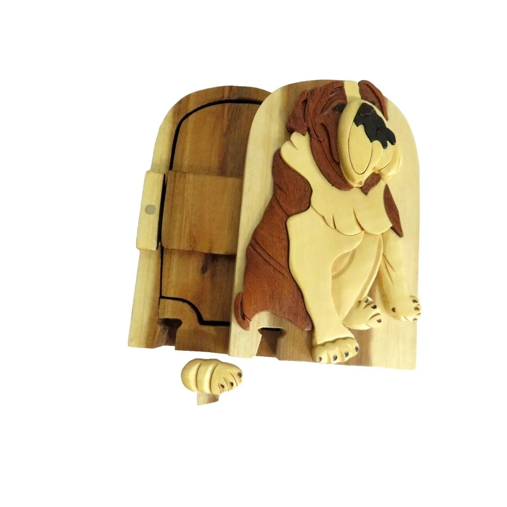 Carver Dan's Hand Crafted Wooden Dog Puzzle‎ Secret Compartment Box BULLDOG